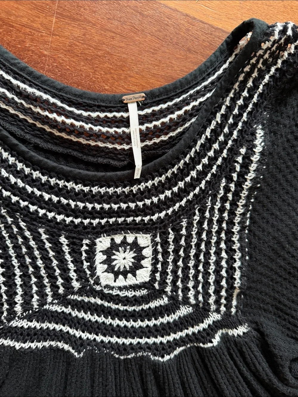 Free People Black Waffle Knit Tunic with Cream Contrast Yoke
